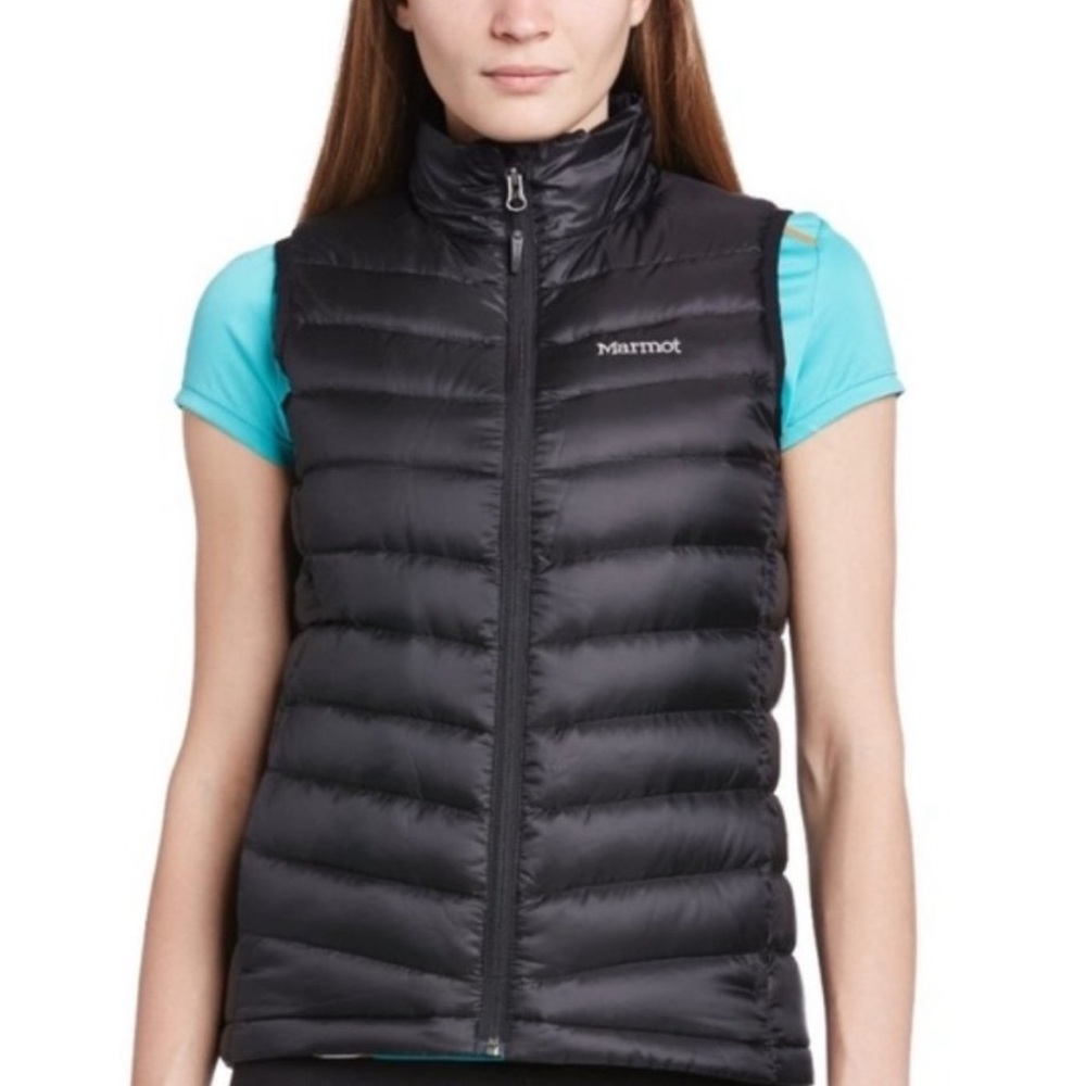 Marmot 800 fill XS zip black lightweight down quilted puffer vest 2 pockets EUC